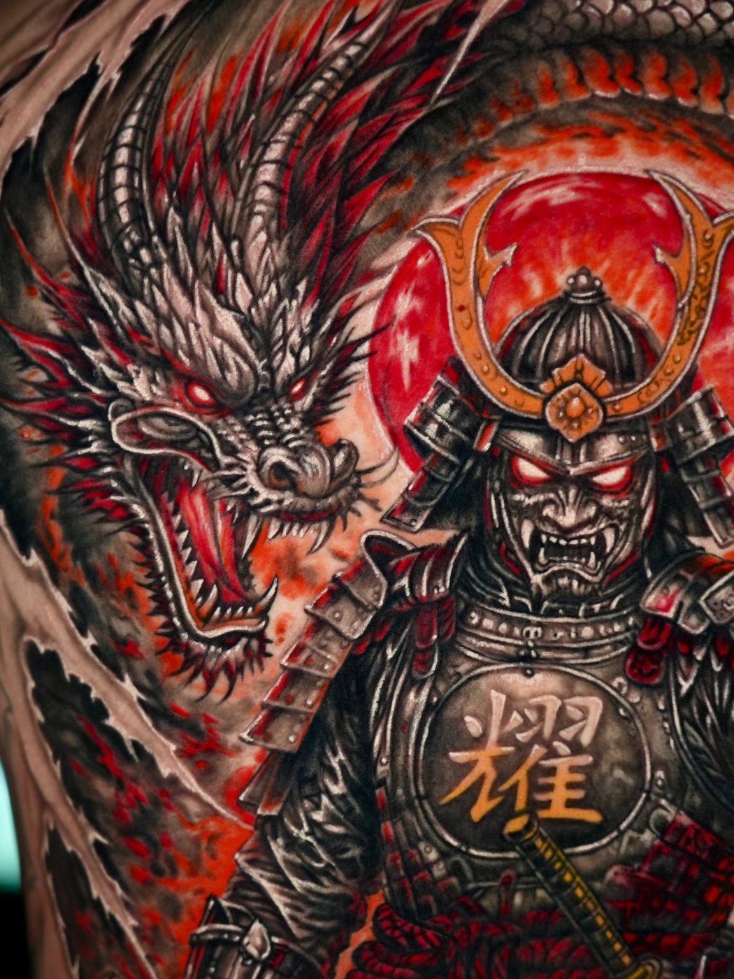 Samurai and Dragon, full back tattoo by Cong Bui
