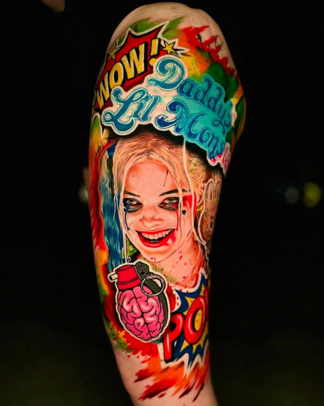 Harley Quinn, upper arm tattoo by Cong Bui