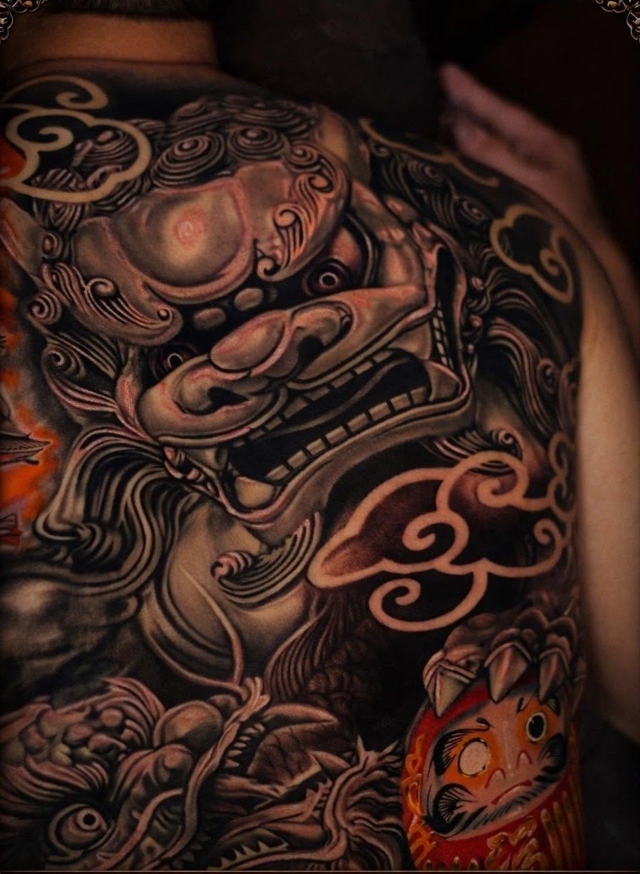 Daruma and Fu Dog, full back tattoo by Cong Bui