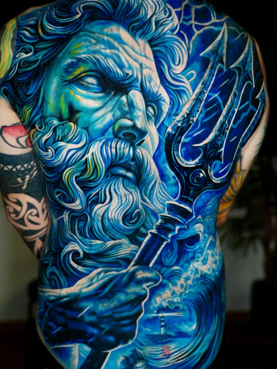 Poseidon, Detail, full back tattoo by Cong Bui
