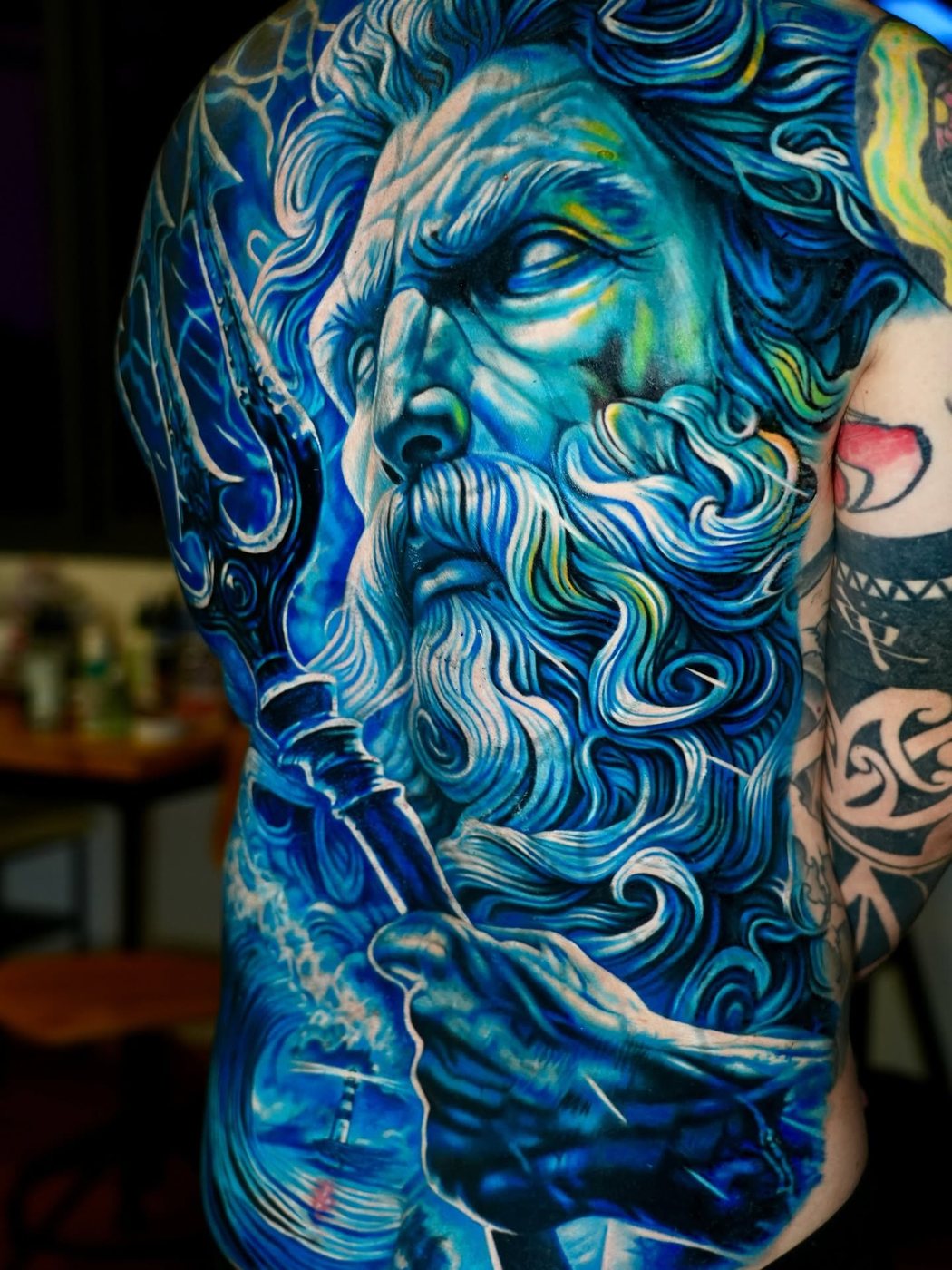 Poseidon, full back tattoo by Cong Bui