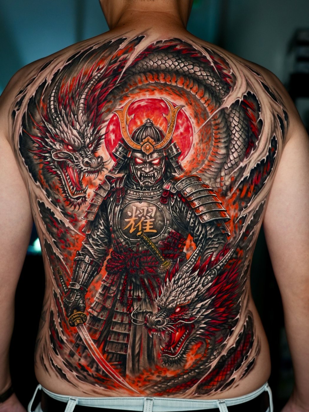 Samurai and Dragon, Full, full back tattoo by Cong Bui