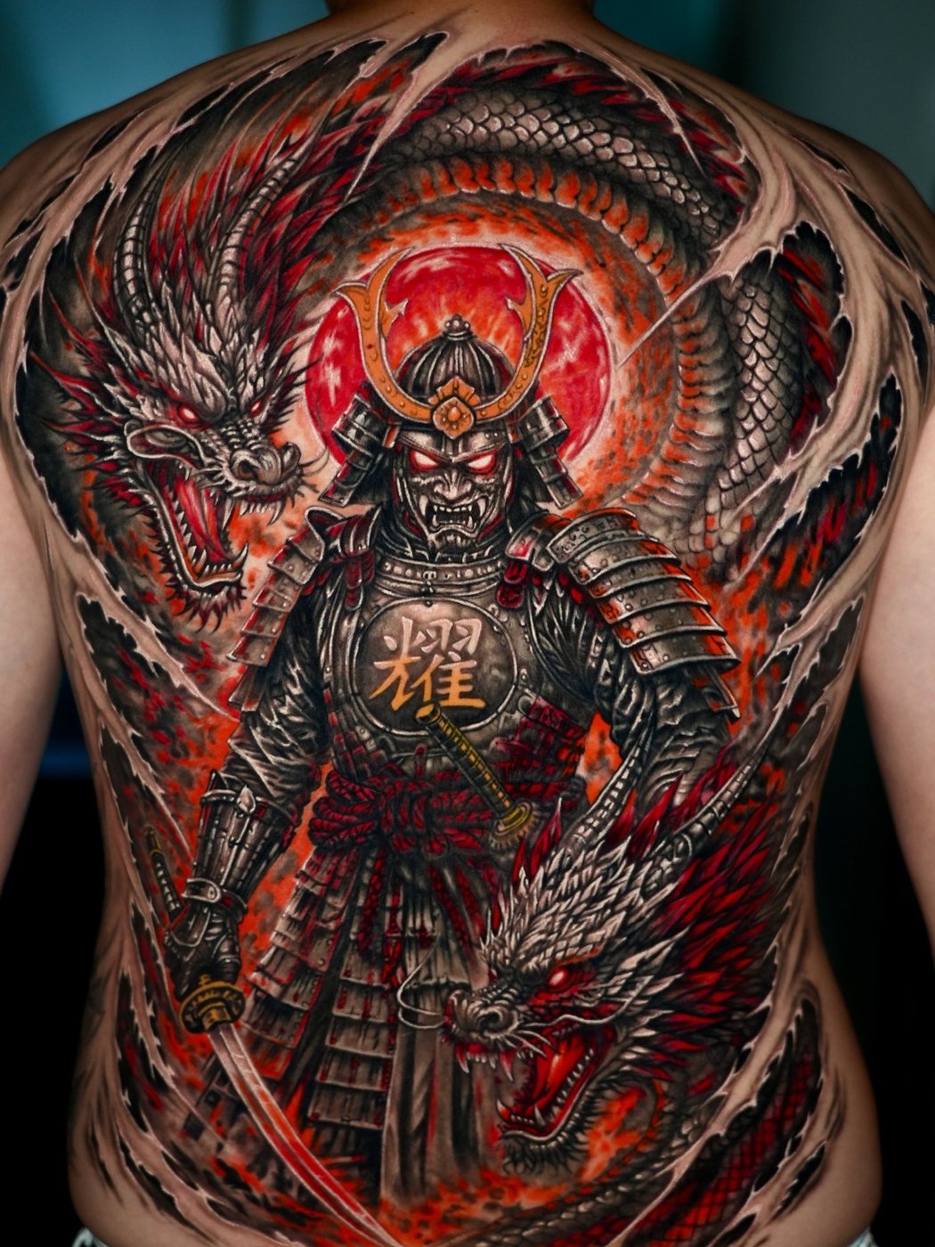 Samurai, Front View, full back tattoo by Cong Bui